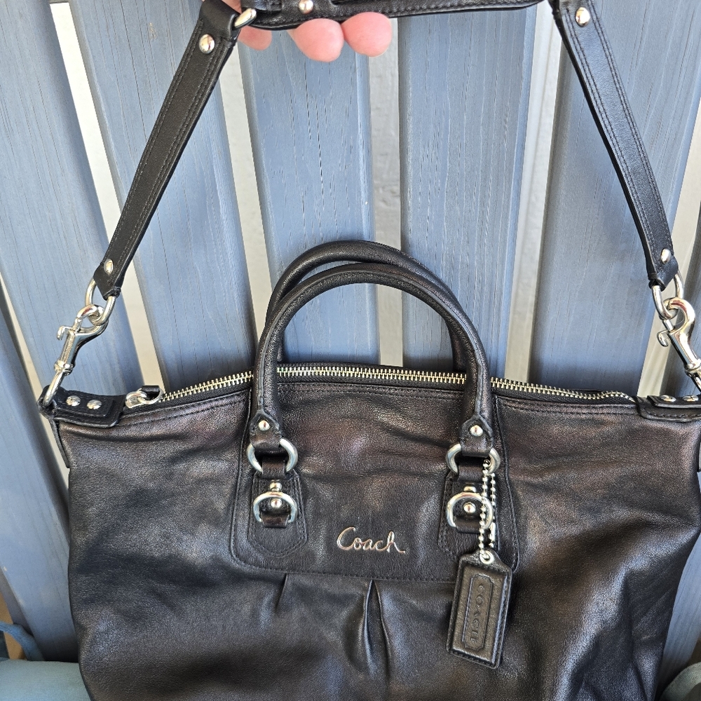 Coach Ashley Black Leather Satchel Shoulder Bag Great Condition Purple Lining - Picture 3 of 15